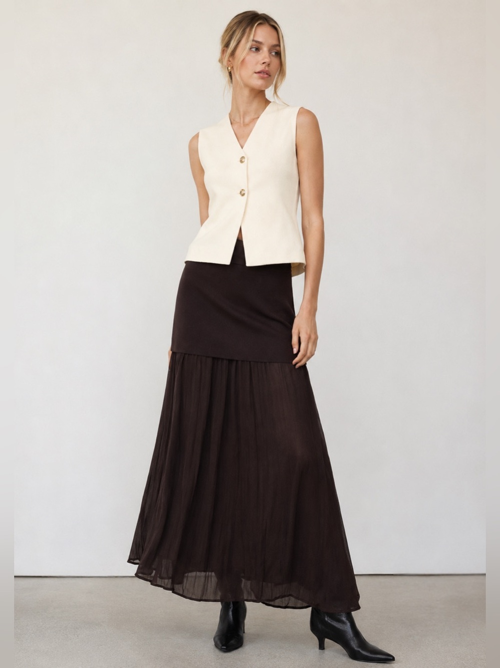 Zara Chocolate Brown Layered Waist Chiffon Maxi Skirt Minimalist Flowy Medium